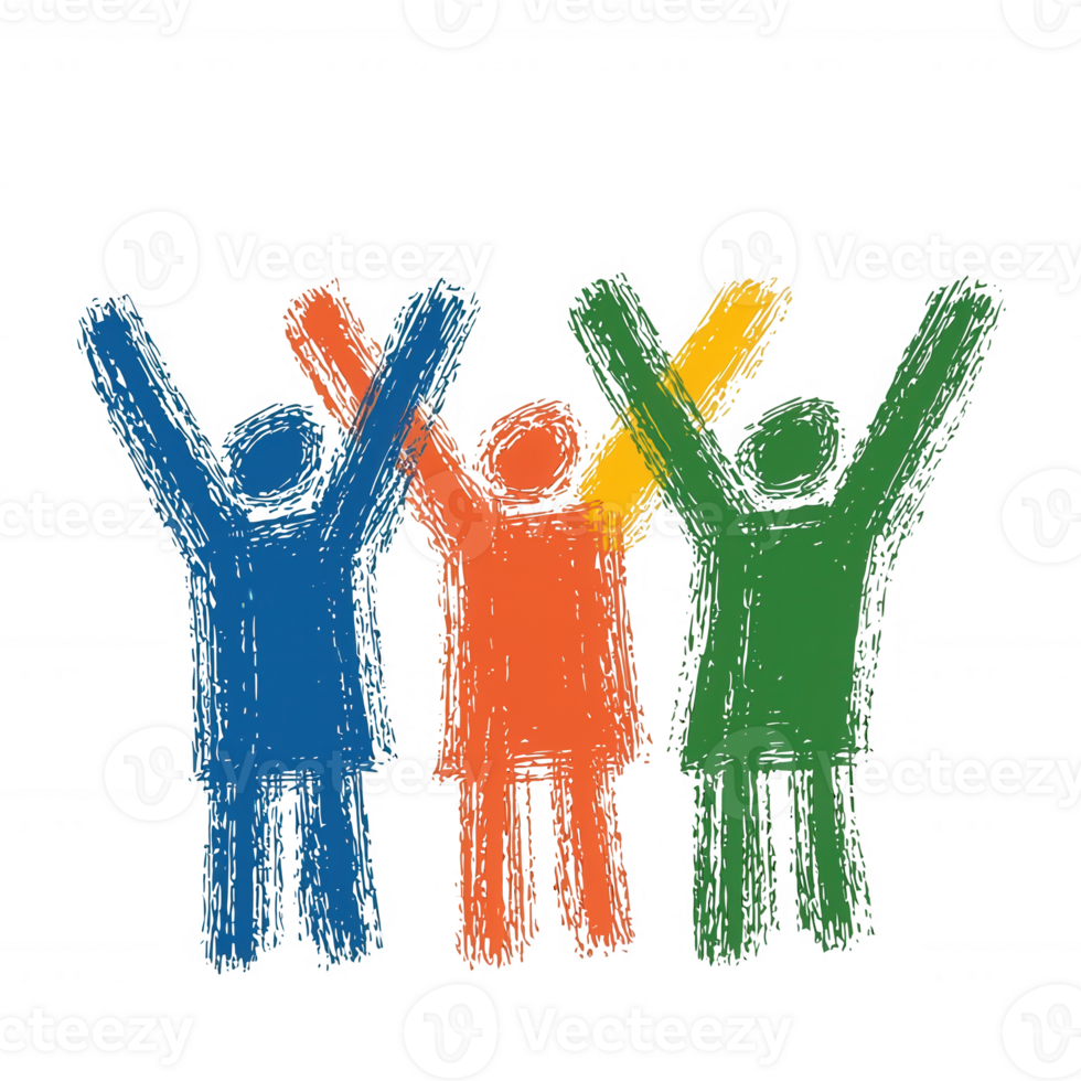 Colorful illustration of joyful figures celebrating with raised arms, symbolizing happiness and teamwork on a white isolated background. png