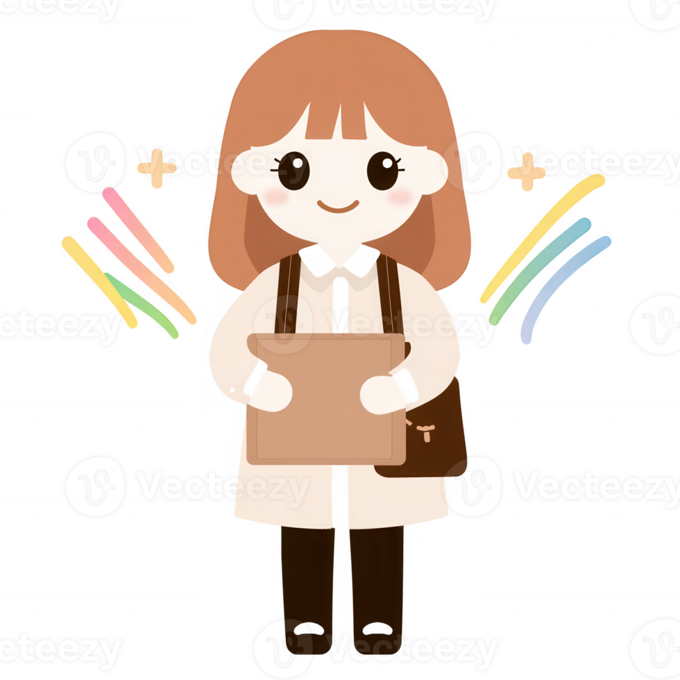 Cute cartoon character of a young woman with a brown hairstyle, holding a tablet, smiling, surrounded by colorful stars and lines, on a white isolated background. png