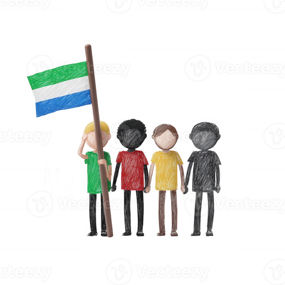 Colorful stick figures holding a flag representing unity and diversity. A bright, engaging illustration symbolizing community spirit on a white isolated background. png