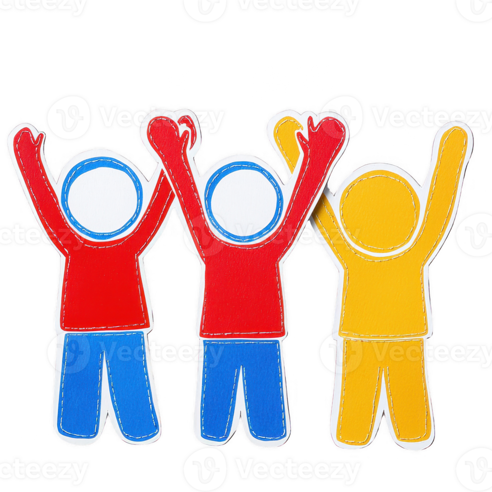 Colorful figurines of diverse people celebrating joyfully with raised arms, isolated on a white background. png