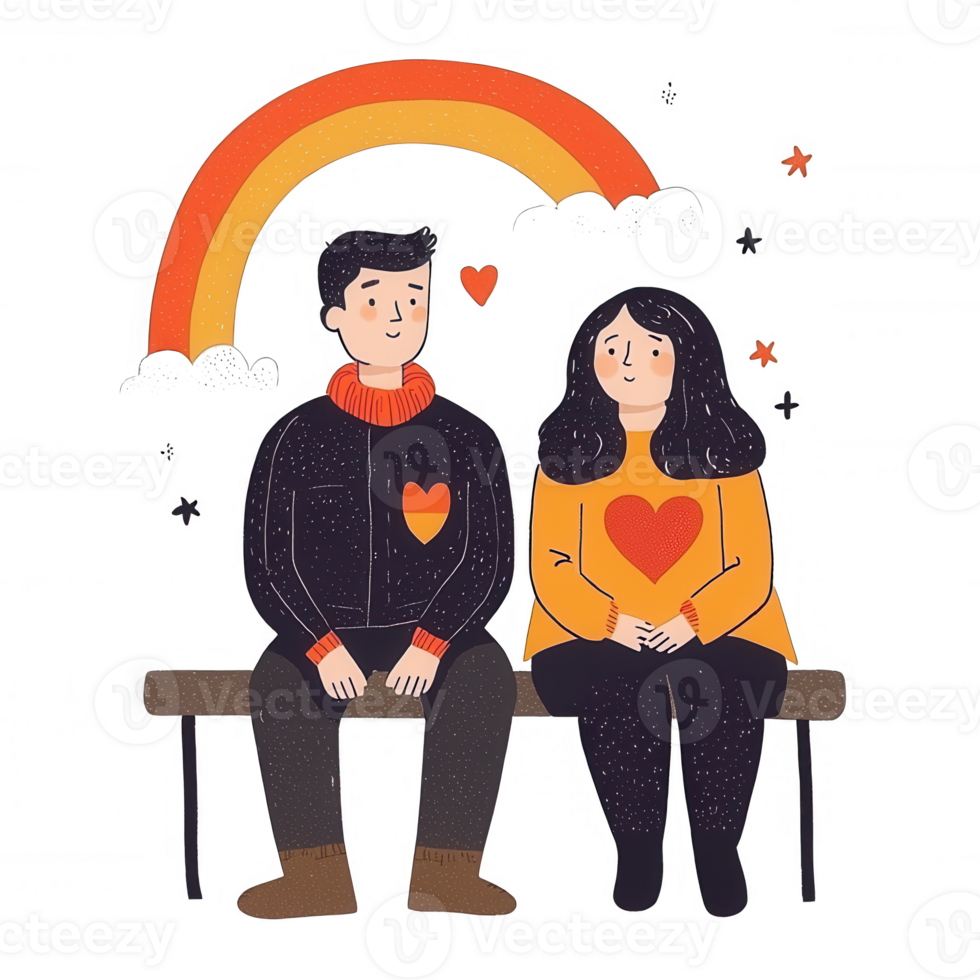 Couple sitting together on a bench under a rainbow, showcasing love and connection in a cheerful illustration. png