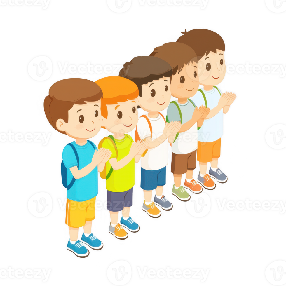 Five cartoon boys stand together with their hands clasped in prayer, wearing colorful clothes and backpacks, isolated on a white background. png