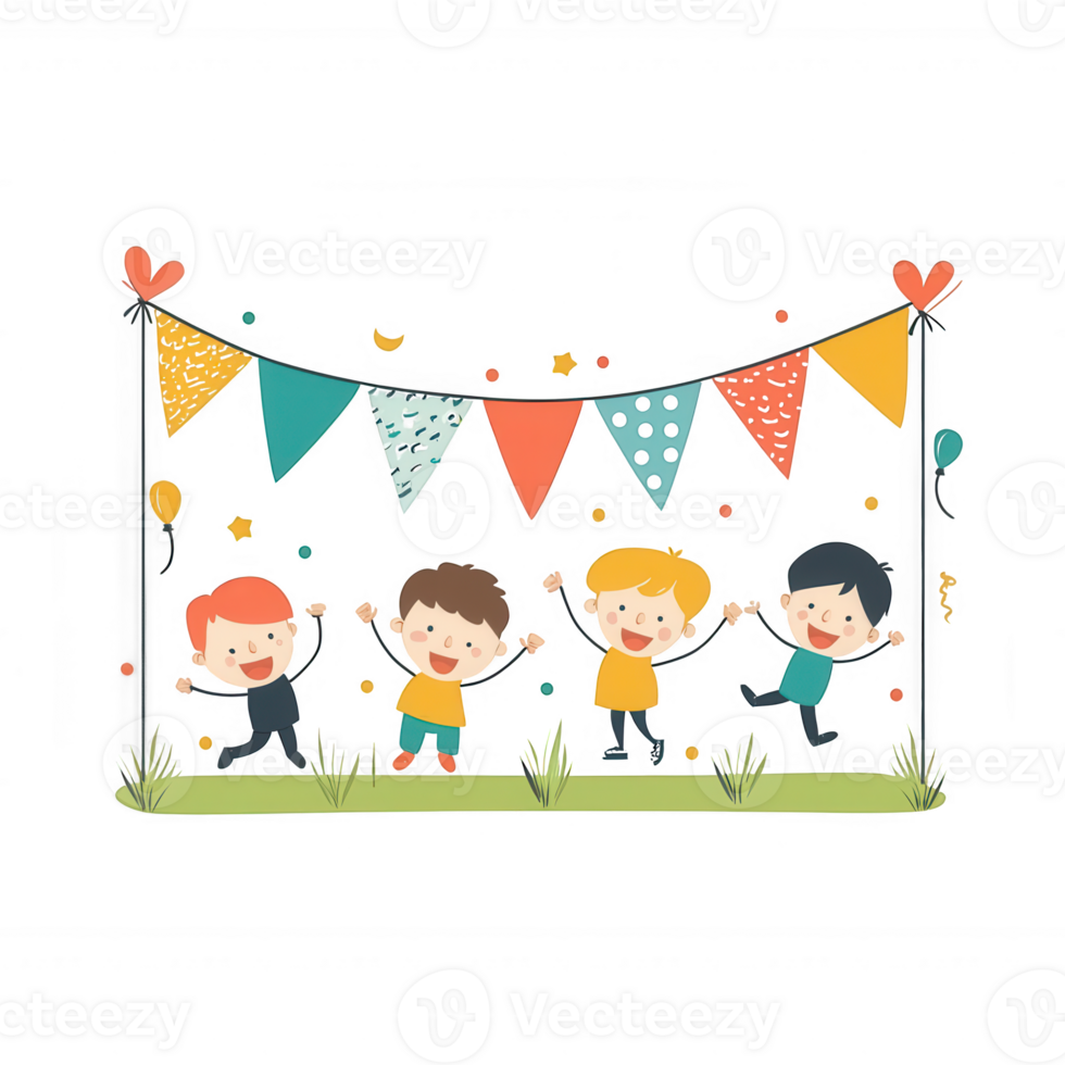 Four cheerful children celebrating at a party with colorful banners and balloons, exuding joy and happiness amidst festive decorations. png