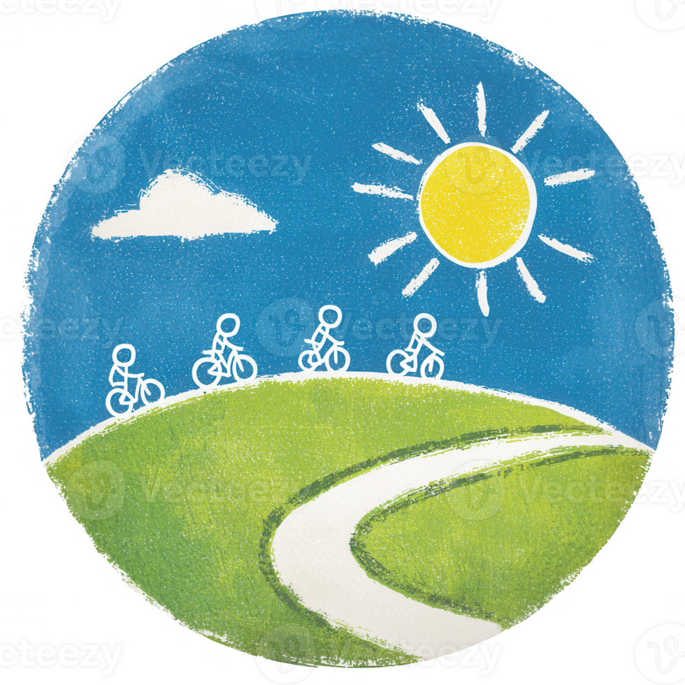 Colorful illustration of cyclists riding on a scenic sunny day, featuring blue skies and green hills, conveying a sense of outdoor adventure and leisure. png