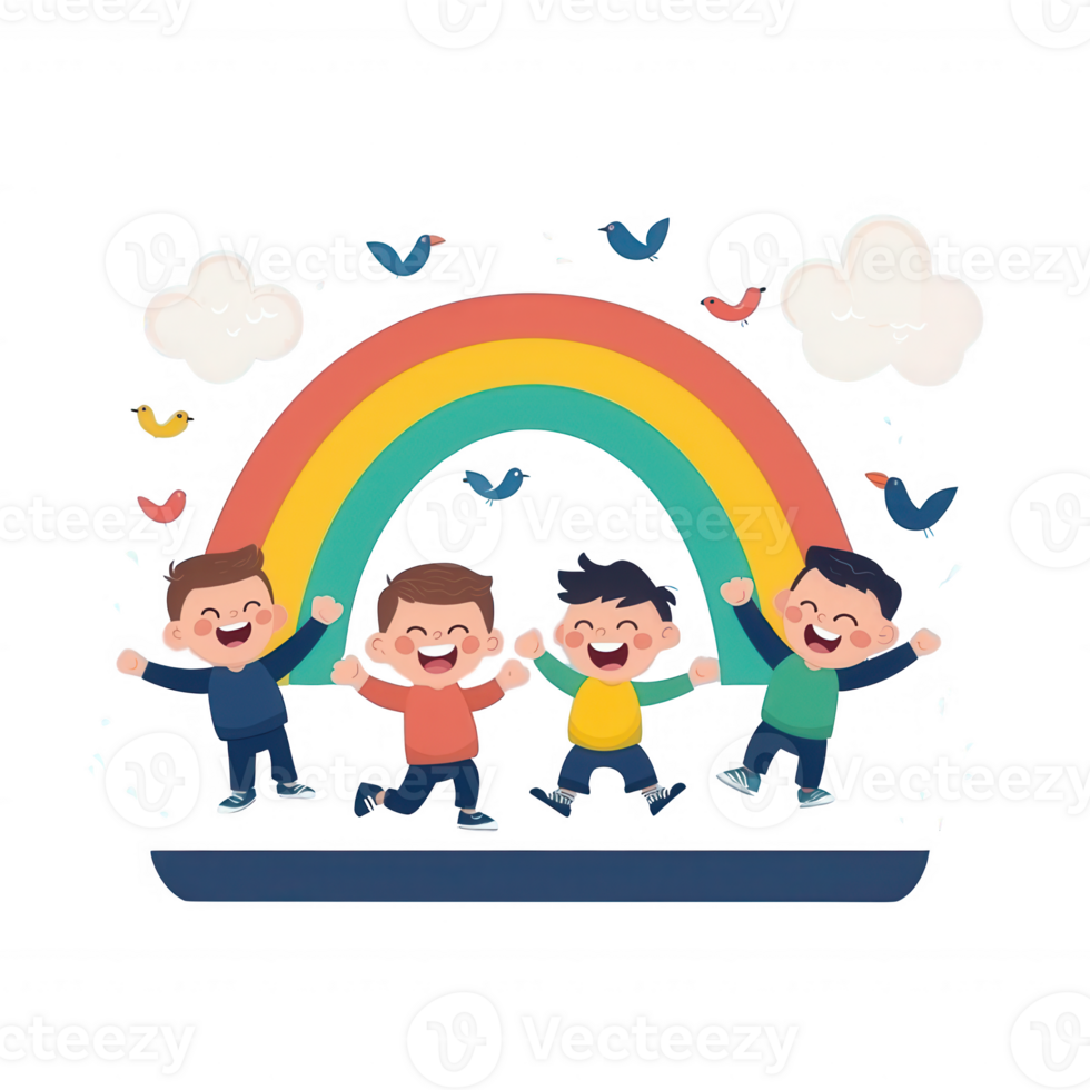 Four cheerful children celebrating under a vibrant rainbow surrounded by birds and clouds, conveying joy and friendship in a colorful scene. png