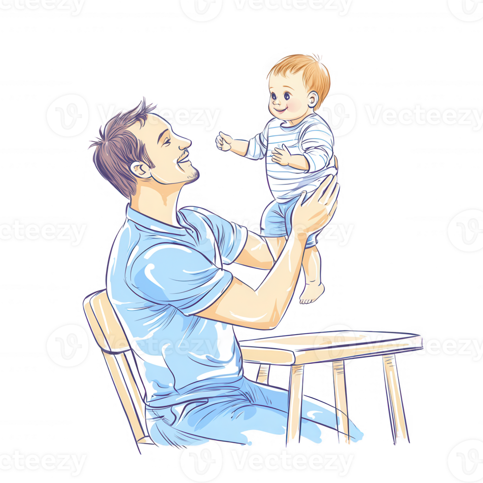 Father joyfully holding his baby in a bright, cheerful setting, symbolizing love and connection between parent and child. png
