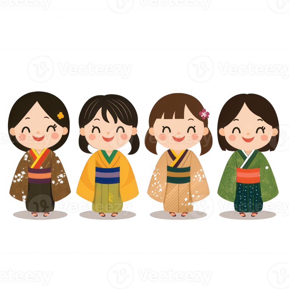 Four cheerful girls in colorful traditional Japanese kimonos, showcasing unique designs and patterns, isolated on a white background. png
