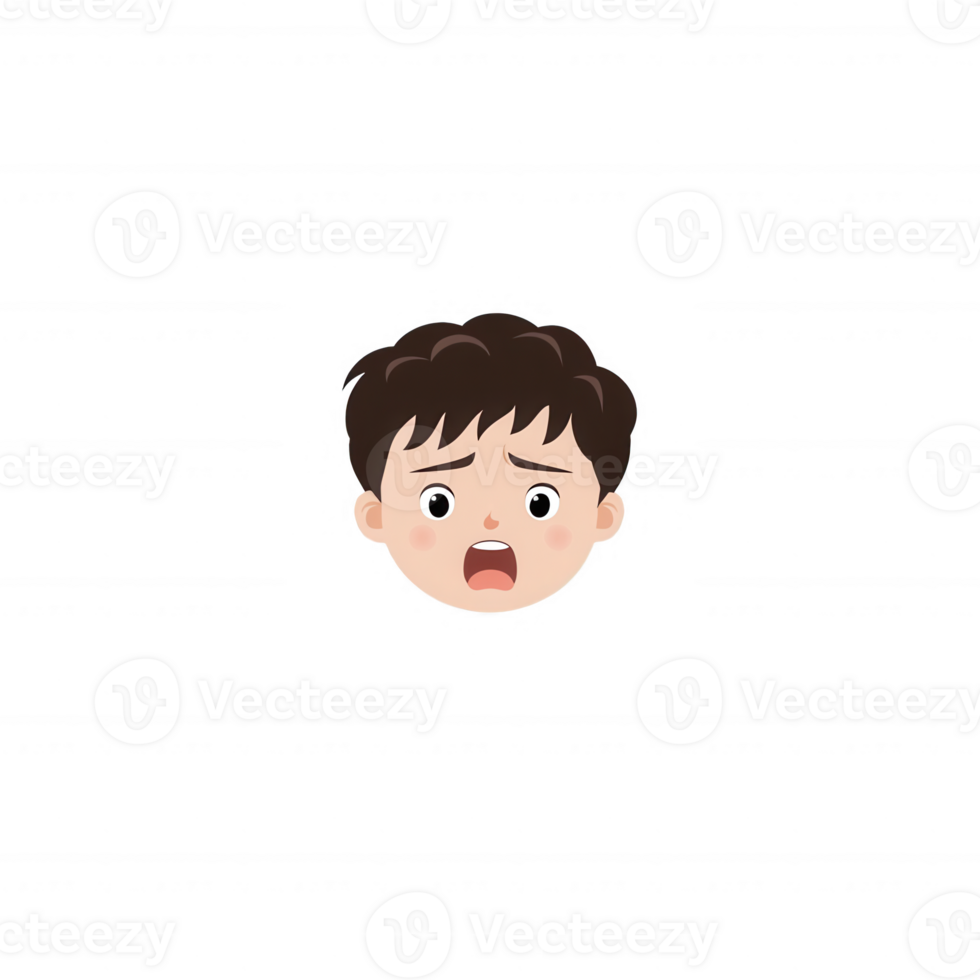 Illustration of a young boy with a surprised expression, depicted against a white isolated background. His facial features convey emotion and innocence. png