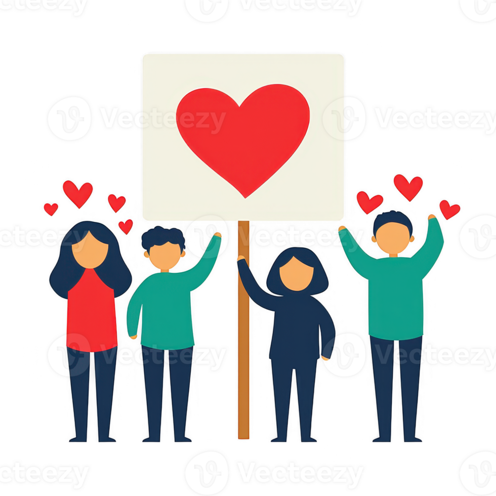 Group of diverse individuals holding a sign with a heart symbol, expressing love and unity against a white background. png