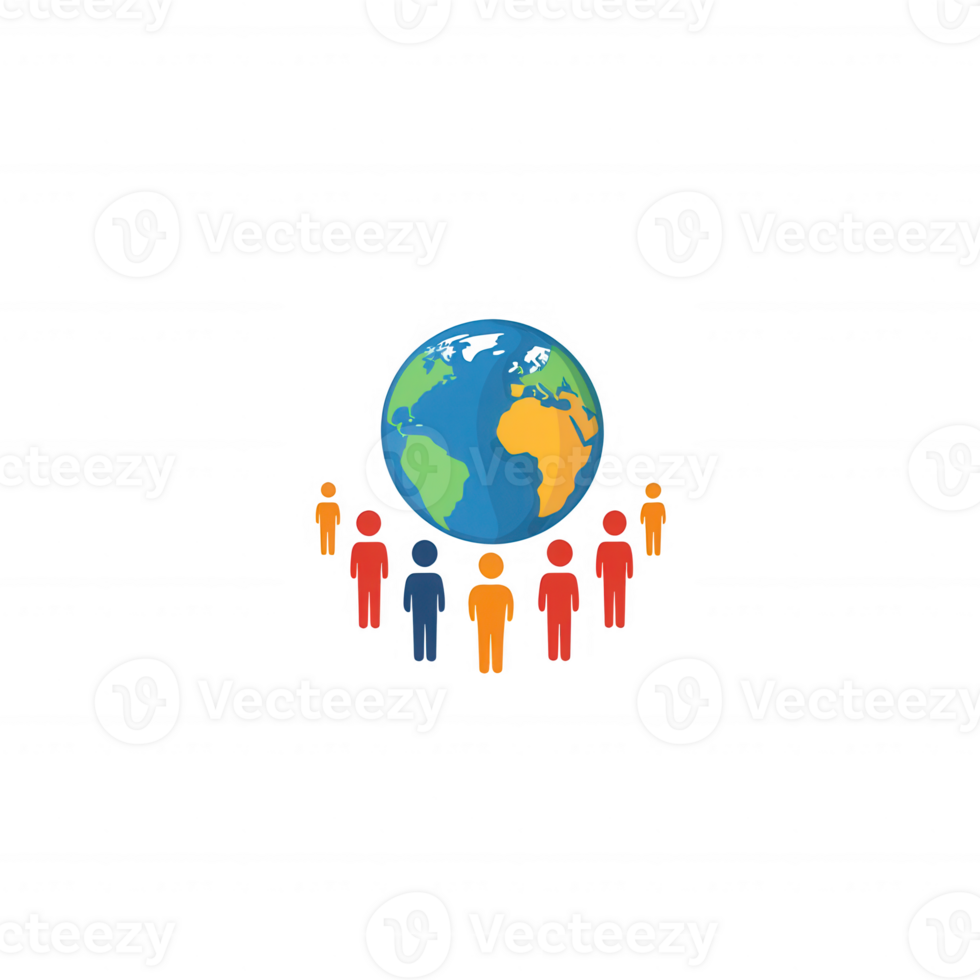 Illustration of diverse people standing around a globe, symbolizing unity and global connection. Colorful figures represent various cultures in harmony around Earth. png