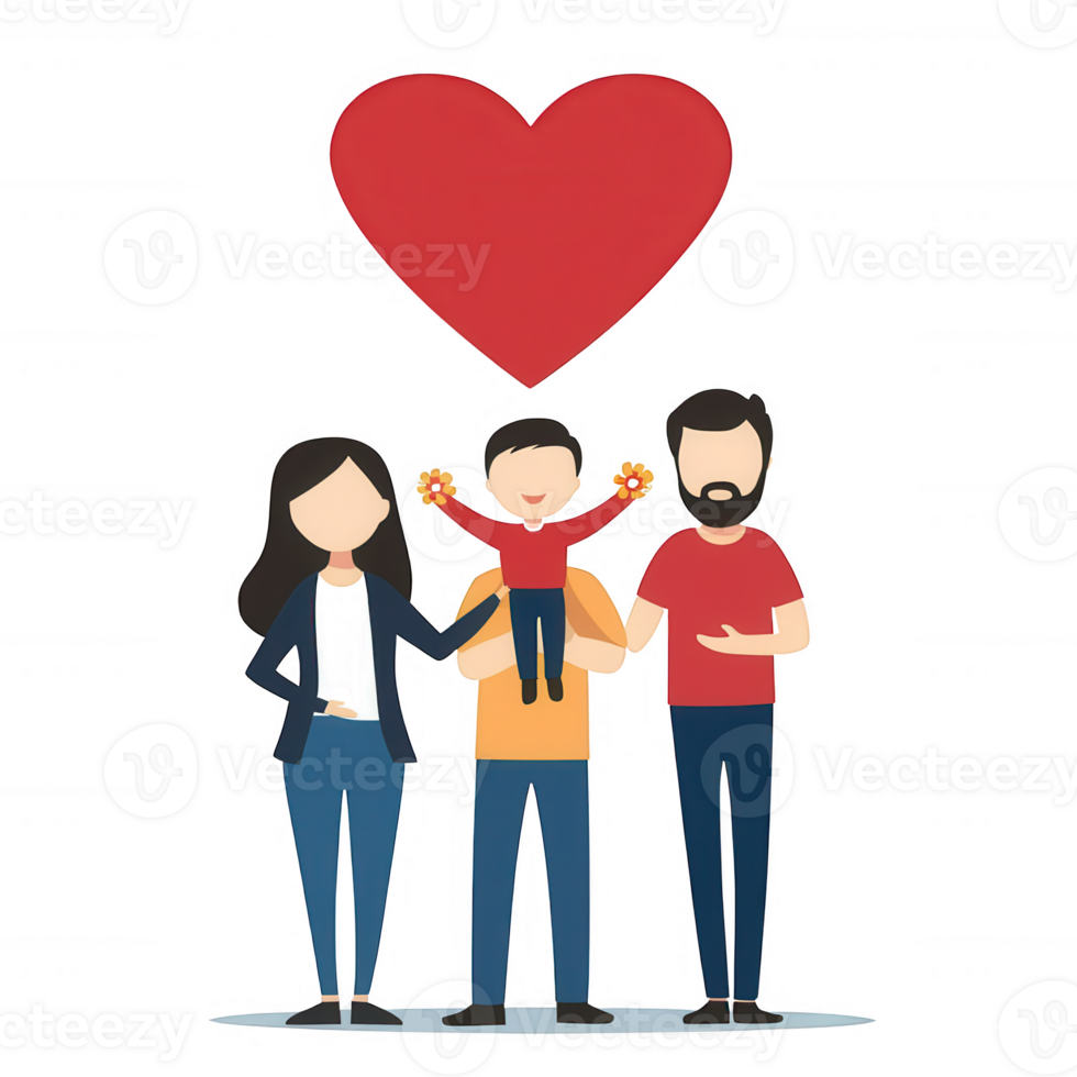 Happy family illustration with parents and child, expressing love and togetherness. Cartoon style with vibrant colors, ideal for family-oriented themes. png