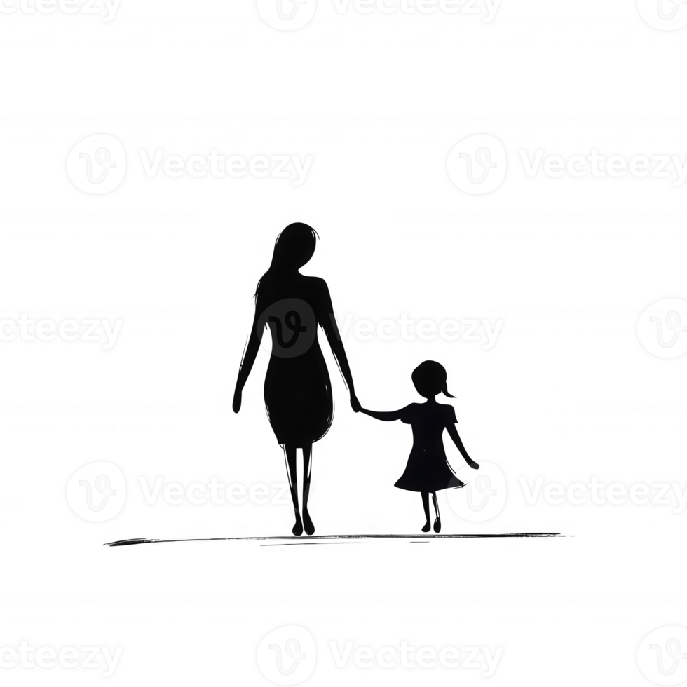 Silhouette of a mother and daughter walking hand in hand, symbolizing love, connection, and family bond, on a white isolated background. png