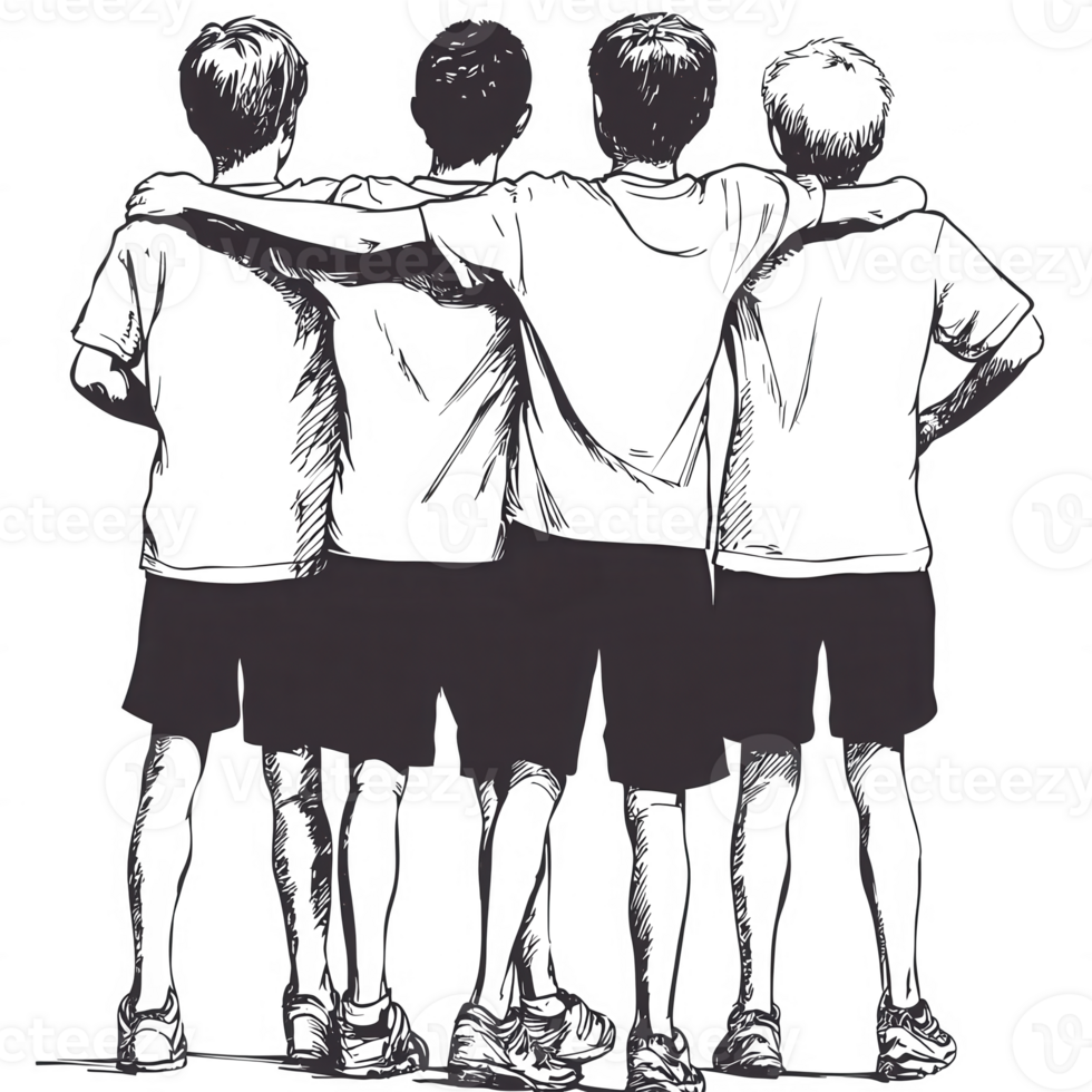 Four friends standing together, arms around each other, looking out. A symbol of friendship, unity, and shared experiences against a simple backdrop. png