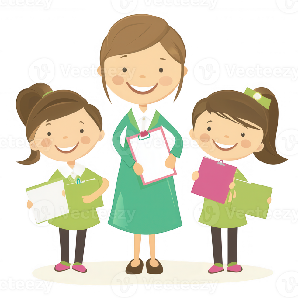 Happy teacher with two smiling students holding colorful papers, promoting education and creativity in a cheerful learning environment. png