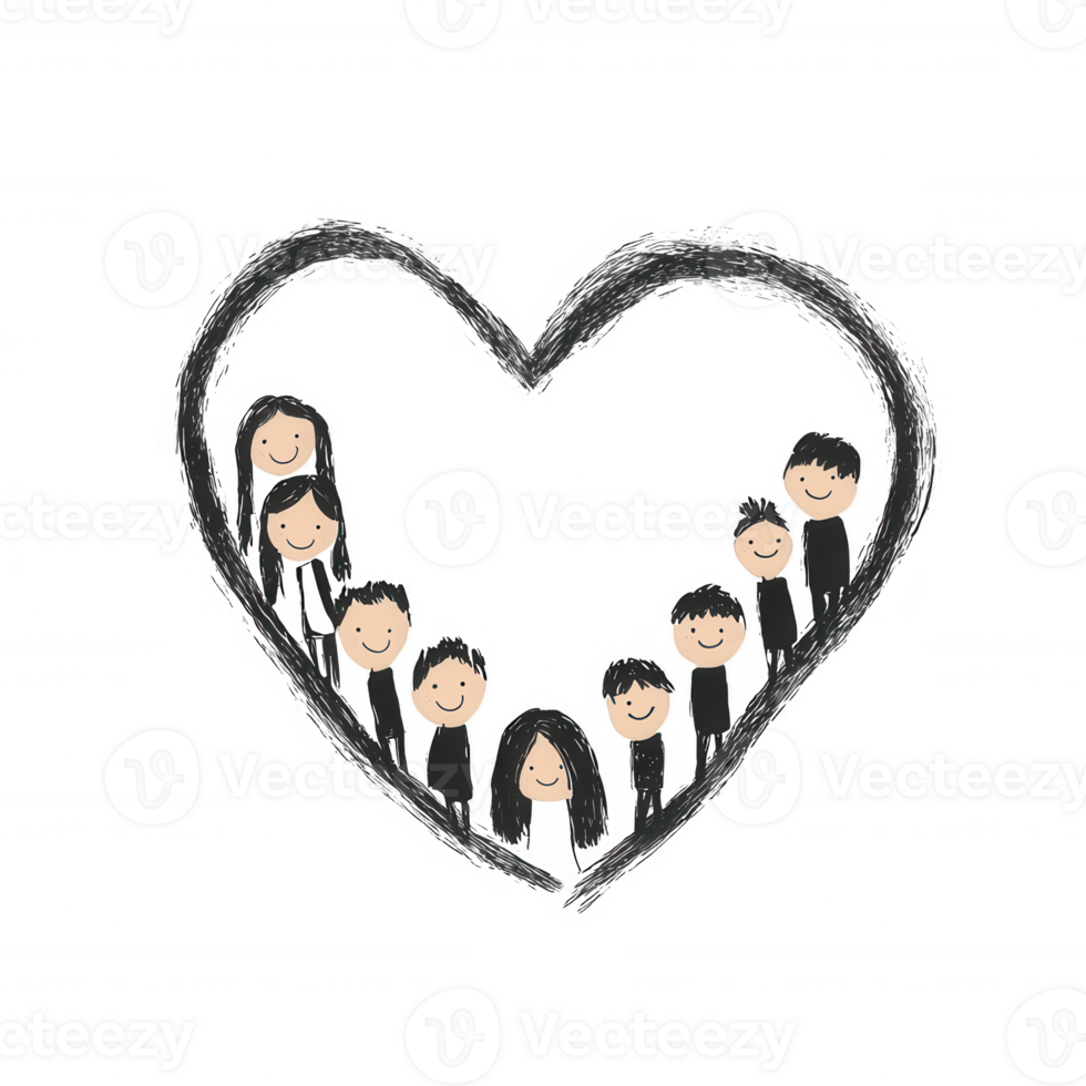 Illustration of a heart-shaped outline filled with joyful people. The design represents unity, love, and community, perfect for expressing affection in various contexts. png