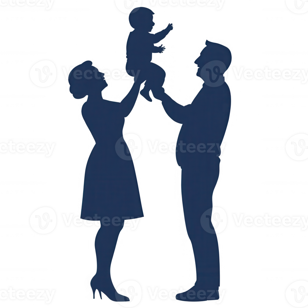 Silhouette of a happy couple holding their child, showcasing love and family bonding against a white isolated background. png