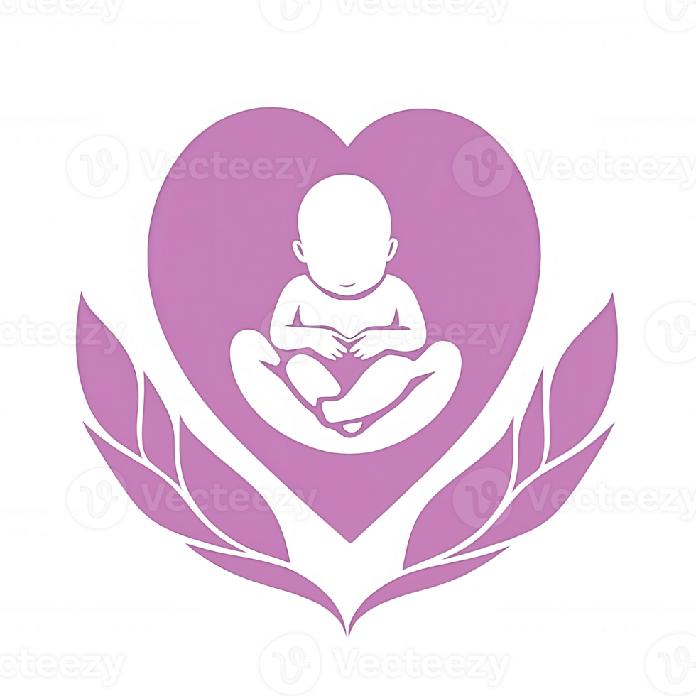 Logo design featuring a heart with a baby in a meditative pose, surrounded by leaves, symbolizing love and care in parenting. png