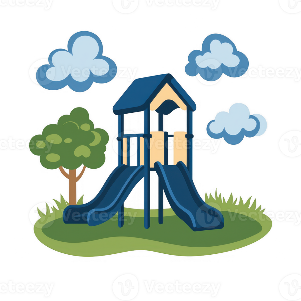 Playground with slides and a tree, surrounded by grass and clouds, a perfect spot for kids to enjoy outdoor fun and play during sunny days. png