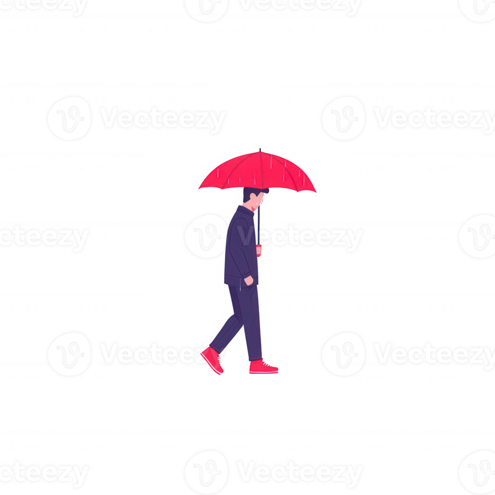 A businessman walking in the rain, holding a bright red umbrella, dressed in a formal suit. The scene conveys determination in adverse weather conditions. png