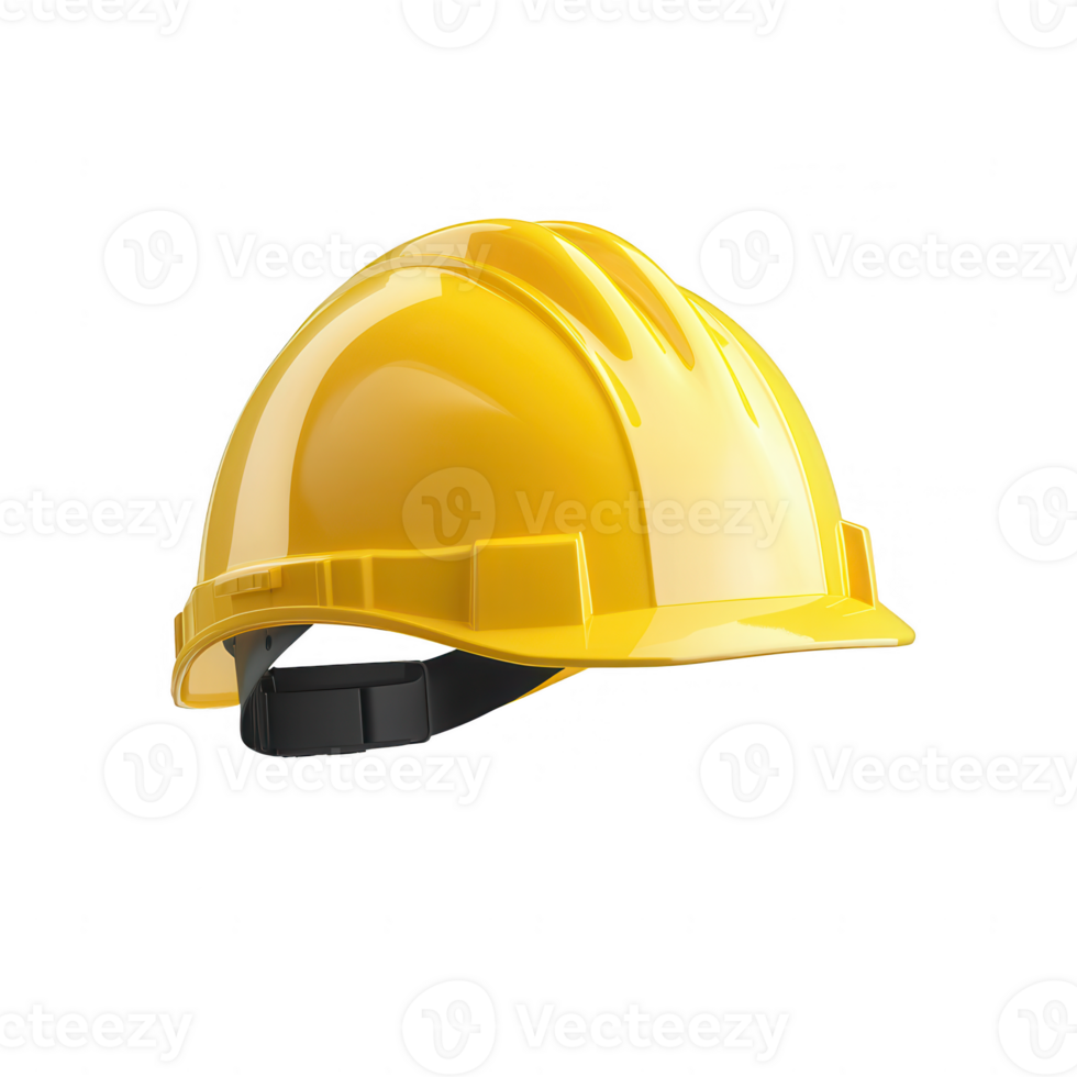 A bright yellow hard hat designed for construction safety, isolated on a white background. Perfect for representing workplace safety and protective equipment. png