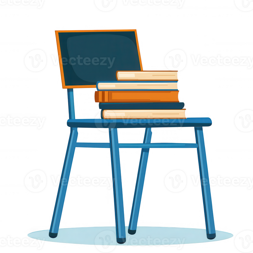 A blue chair with a stack of books resting on it, designed for study or relaxation, emphasizing comfort and knowledge in a casual environment. png