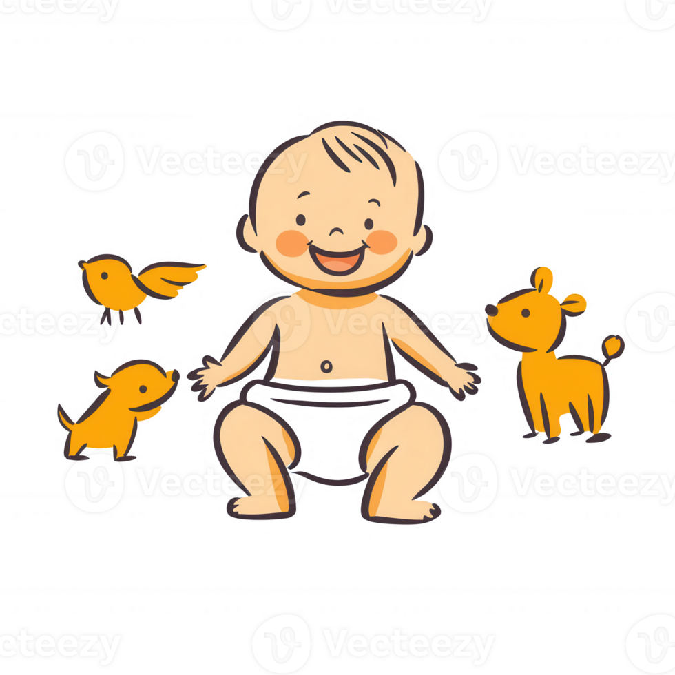 A cheerful baby sitting on the floor, surrounded by playful animals, including a dog and birds. Ideal for family, childhood, or pet-related themes. png