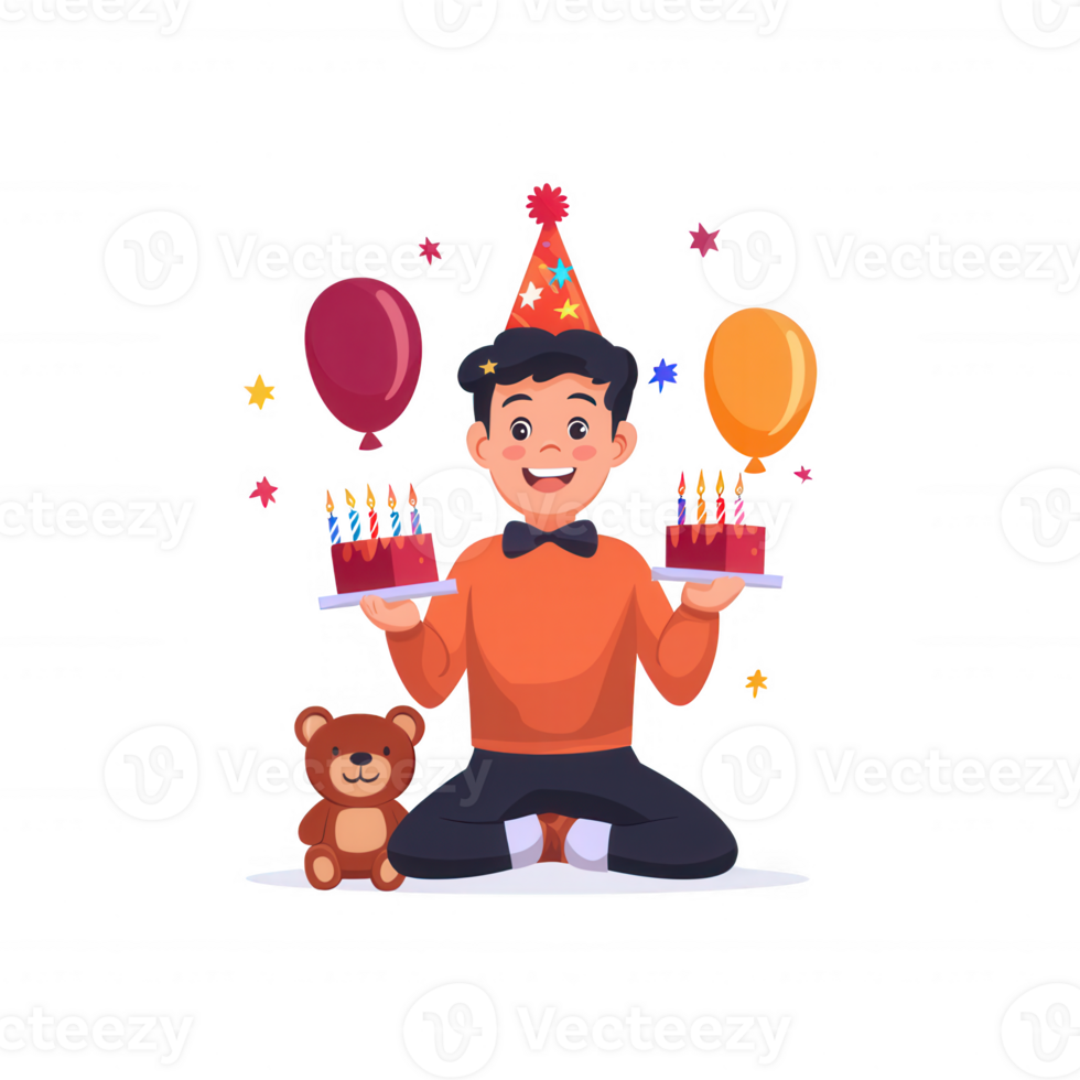 A cheerful boy celebrating his birthday with colorful balloons and cakes, wearing a festive hat, surrounded by a cute teddy bear. Perfect for party-themed illustrations. png