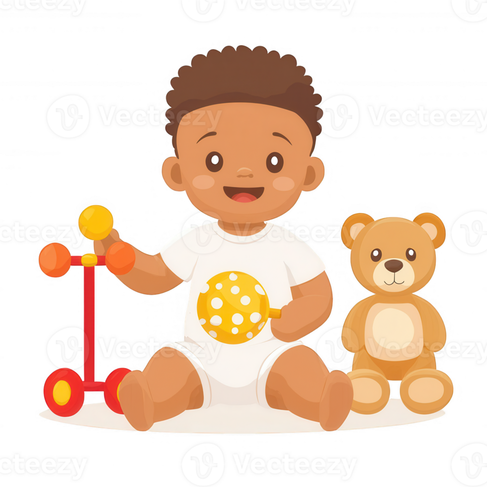 A cheerful baby sitting on the floor with a toy and a teddy bear, wearing a playful outfit, showcasing joy and innocence against a white isolate background. png