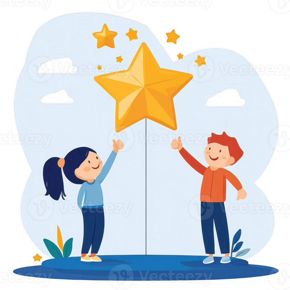 A cheerful boy and girl reaching for a golden star against a soft blue background, symbolizing dreams, aspirations, and teamwork in a playful and imaginative setting. png