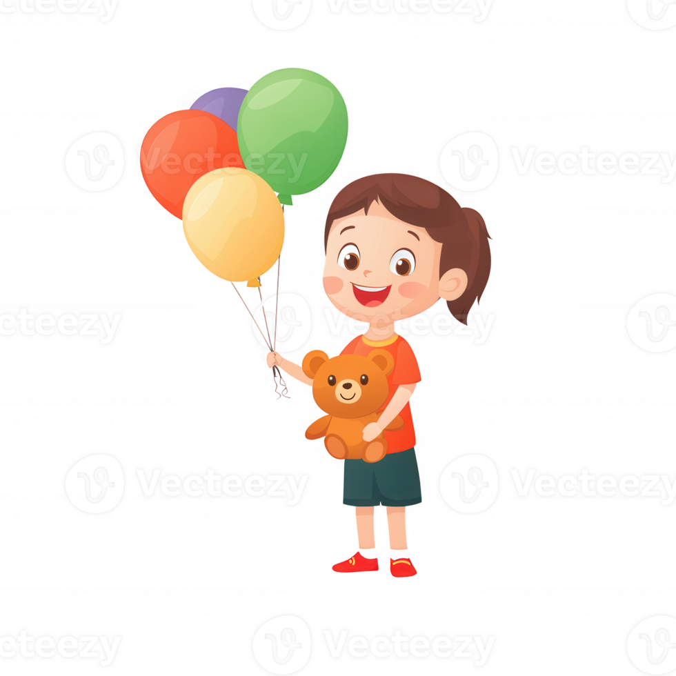 A cheerful child holds colorful balloons and a teddy bear, radiating joy and innocence against a white isolated background. png
