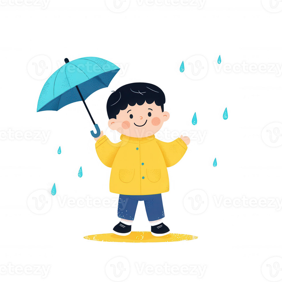 A cheerful child in a yellow raincoat holding a blue umbrella, enjoying the rain with raindrops falling around them, embodying joy and playfulness in a rainy setting. png