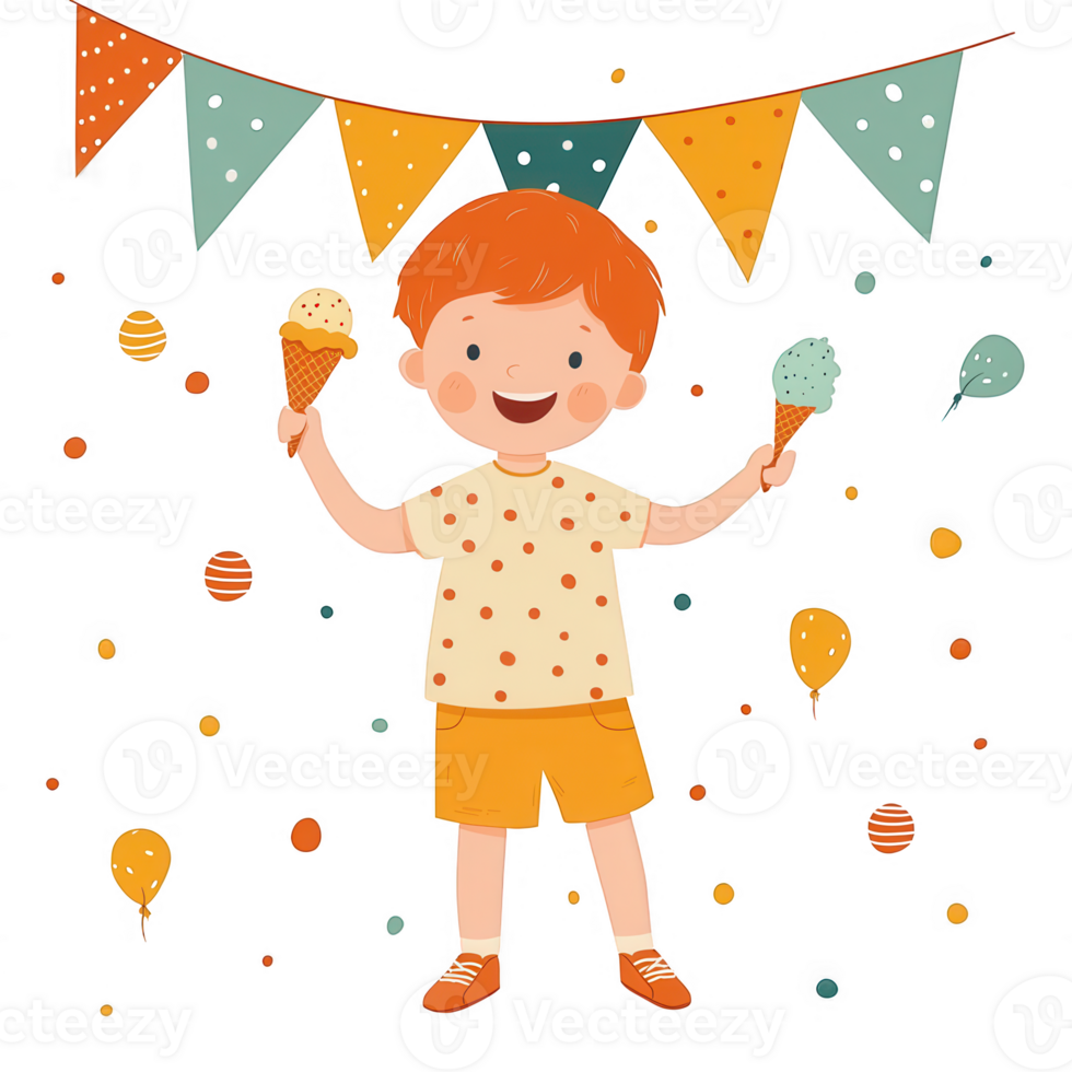 A cheerful child holding two ice cream cones, surrounded by colorful balloons and festive bunting, embodying joy and celebration in a playful, vibrant atmosphere. png