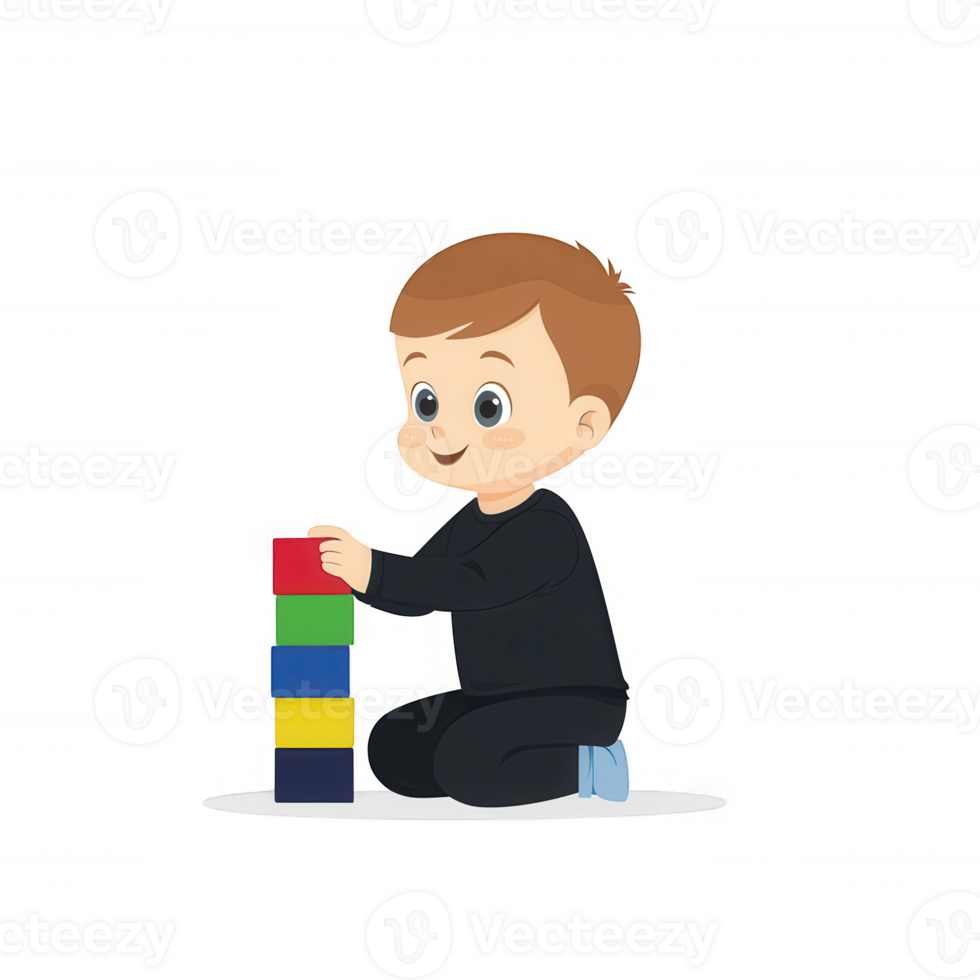 A cheerful child playing with colorful building blocks on a white background, showcasing creativity and joy in learning through play. png