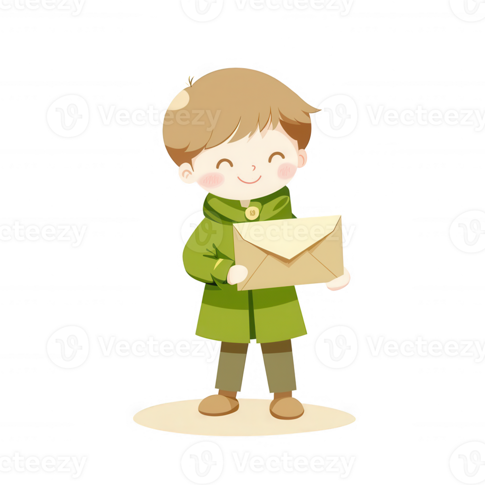 A cheerful child standing with a letter in hand, wearing a green coat, showcasing an expression of joy and excitement, isolated on a white background. png