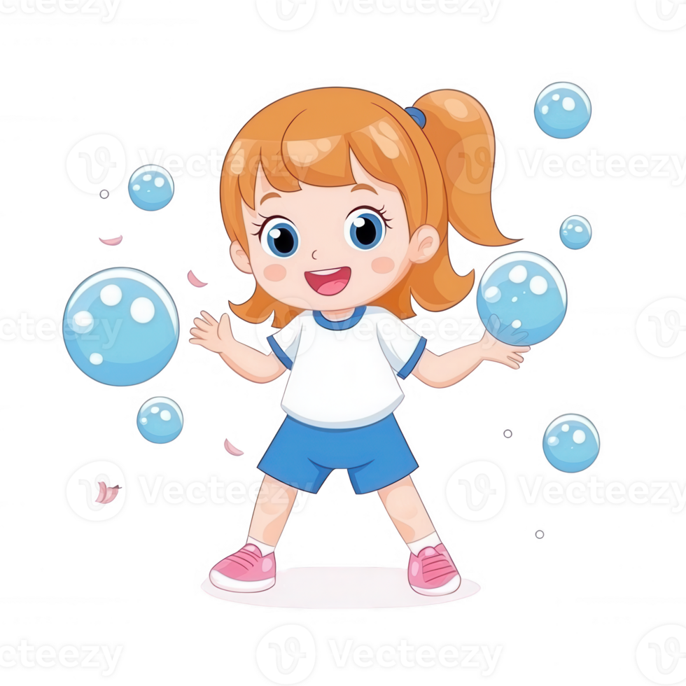 A cheerful child playing and juggling colorful bubbles, dressed in casual sportswear, with a bright smile and joyful expression. Perfect for conveying fun and playfulness. png