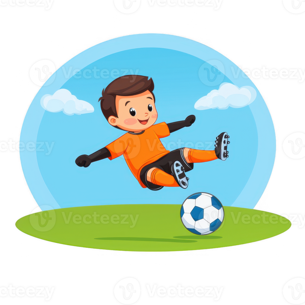 A cheerful child in an orange soccer uniform is joyfully kicking a soccer ball on a grassy field under a clear blue sky with fluffy clouds. png