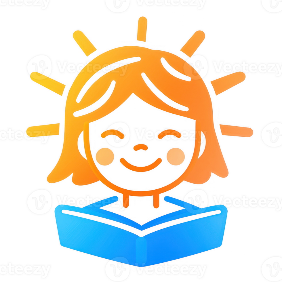A cheerful child with a book and sun rays, symbolizing learning and joy. Ideal for education themes and children's content. png