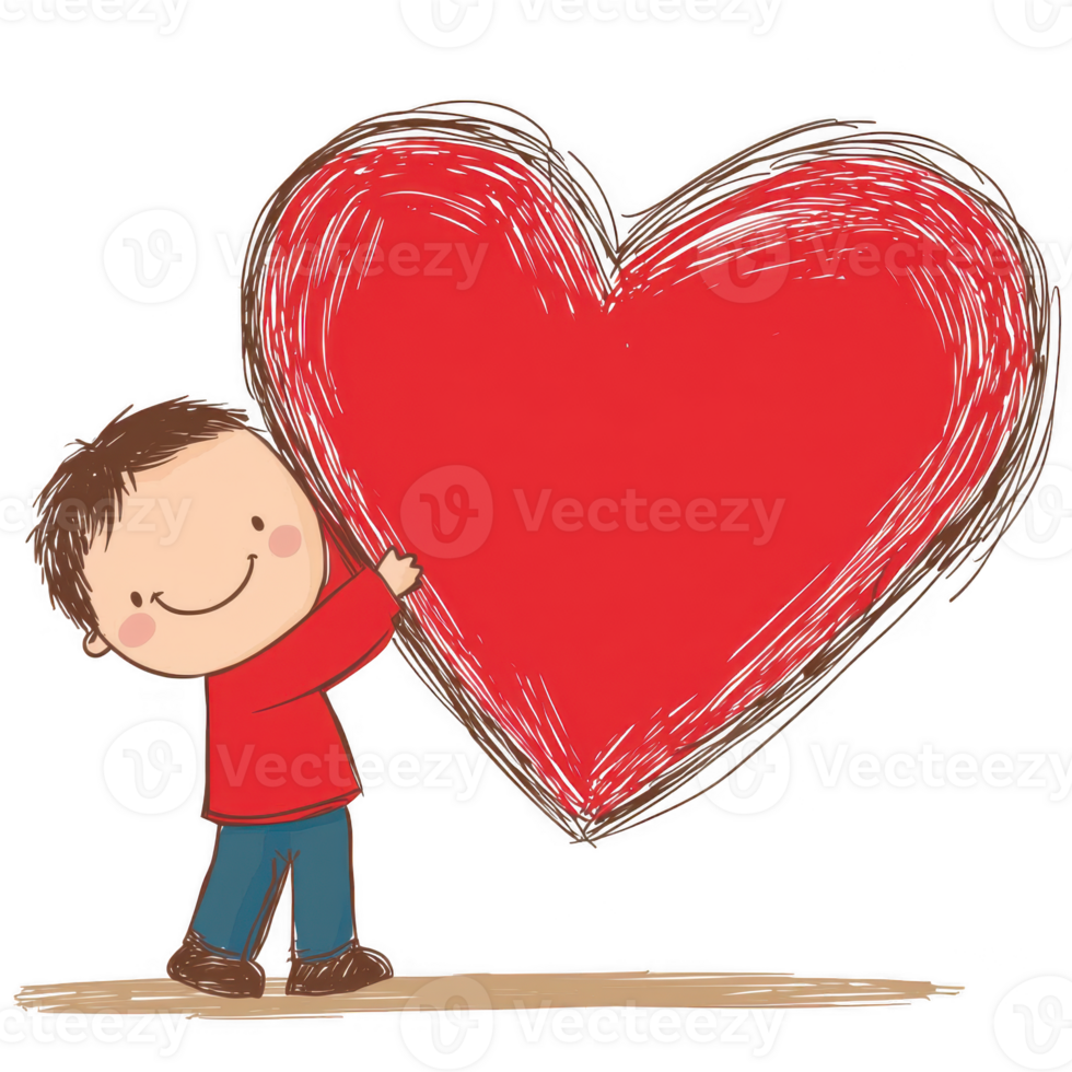A cheerful child holding a large red heart, symbolizing love and joy. The design is playful and vibrant, perfect for expressing affection and positive emotions. png