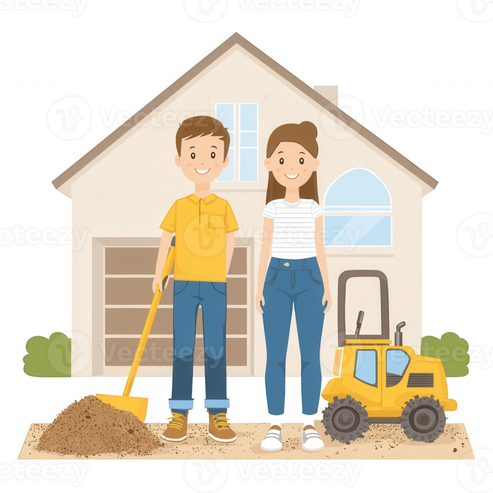 A cheerful couple standing in front of their house with a shovel and a small construction vehicle, showcasing a spirit of DIY home improvement and teamwork. png