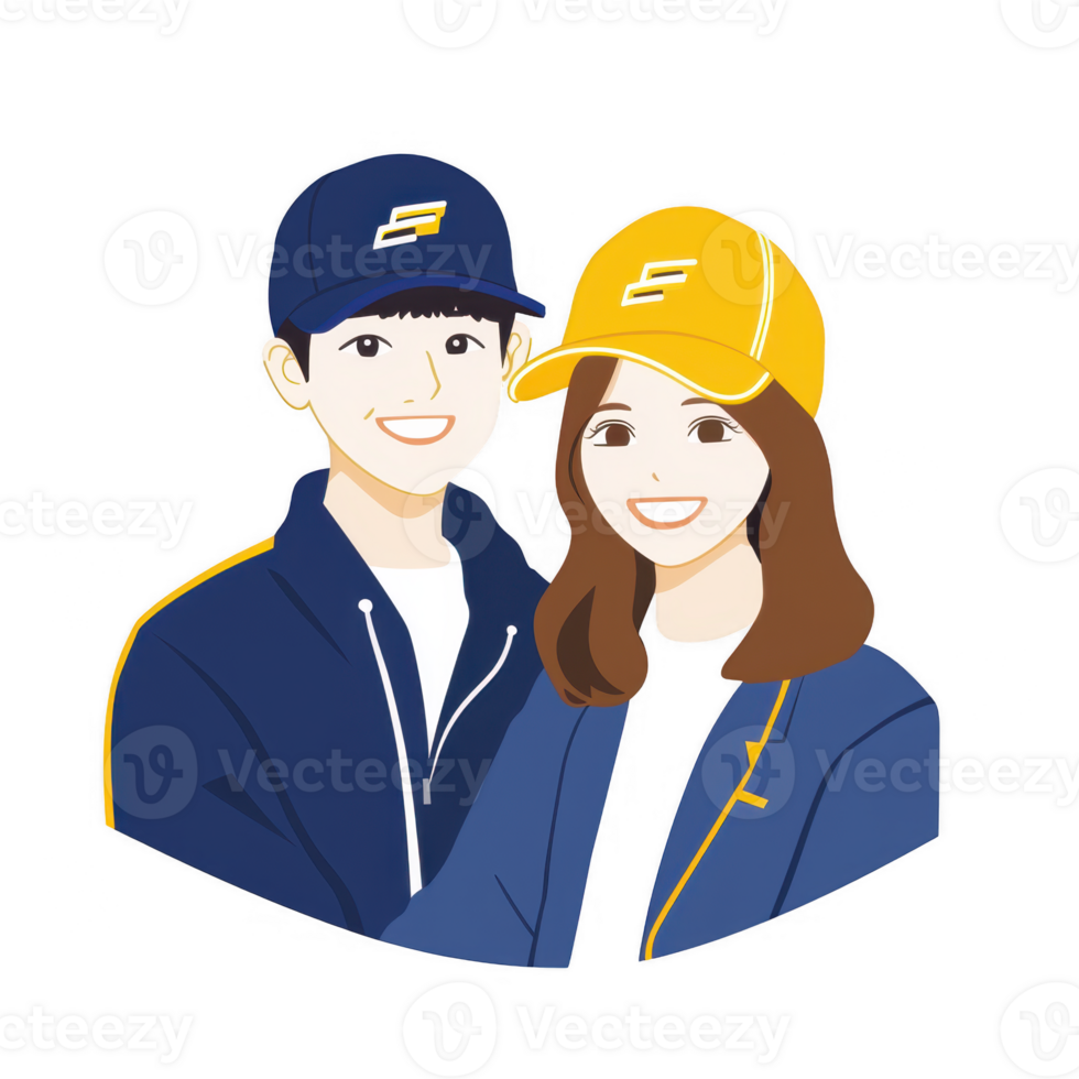 A cheerful couple wearing matching caps and jackets, smiling at the camera. Ideal for promoting teamwork and partnership in casual or professional settings. png