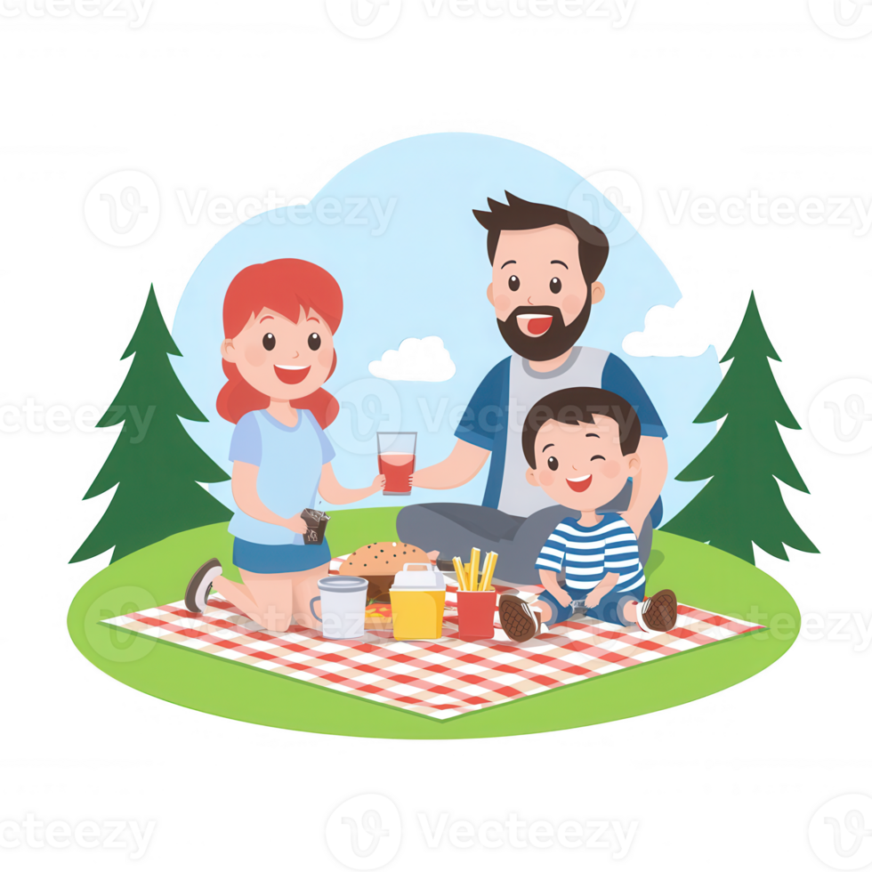 A cheerful family enjoying a picnic on a sunny day. They are seated on a checkered blanket surrounded by trees, sharing food and drinks in a joyful, outdoor setting. png
