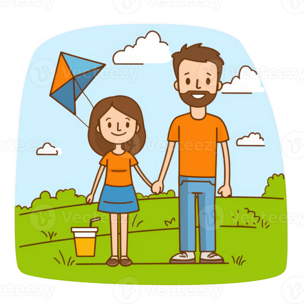 A cheerful couple holding hands in a vibrant park, enjoying a sunny day, with a colorful kite and refreshing drink nearby. Perfect for representing love and outdoor fun. png