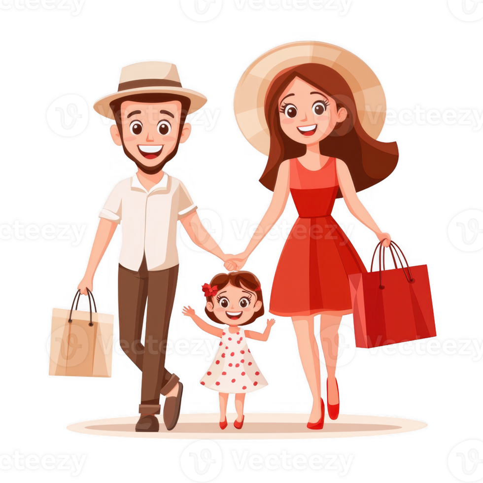 A cheerful family enjoying a day out shopping. They hold hands while carrying shopping bags, radiating joy and togetherness against a white isolated background. png