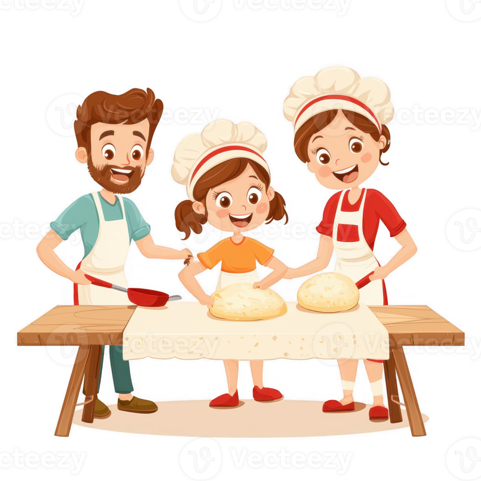 A cheerful family enjoys baking together, creating dough on a wooden table, showcasing teamwork and joy in the kitchen. Perfect for family and cooking themes. png