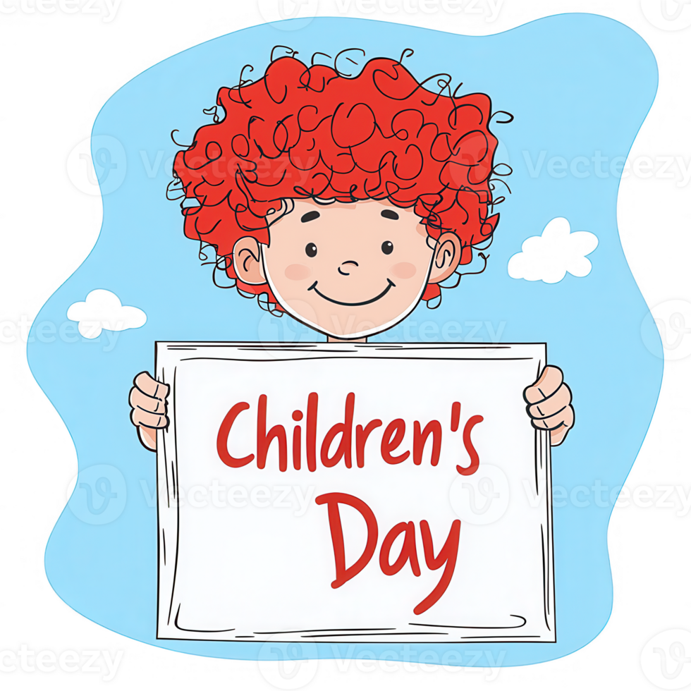 A cheerful child with curly red hair holding a sign that says 'Children's Day' on a bright blue background, celebrating youth and the joy of childhood. png