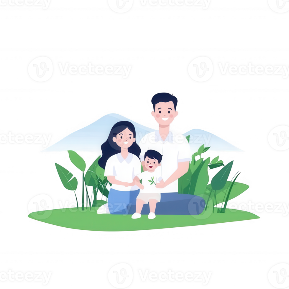 A cheerful family sitting together in a green landscape, smiling and enjoying time with their young child, conveying love and togetherness. png