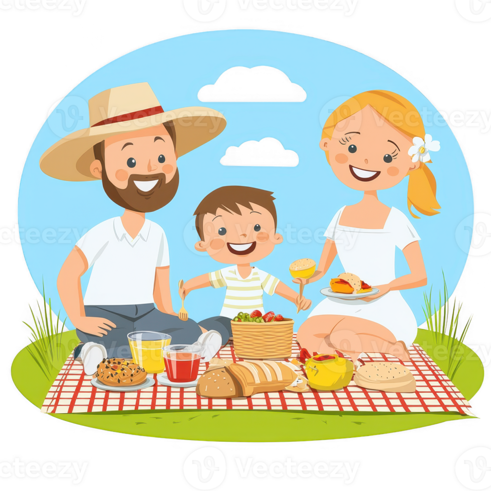 A cheerful family enjoying a picnic on a sunny day, sitting on a blanket with delicious food and drinks png