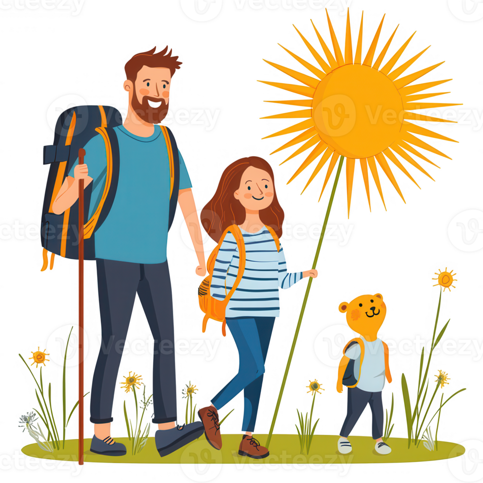 A cheerful family enjoying a sunny day outdoors, hiking together in nature. A father, daughter, and teddy bear are seen walking amidst flowers and vibrant sun. png