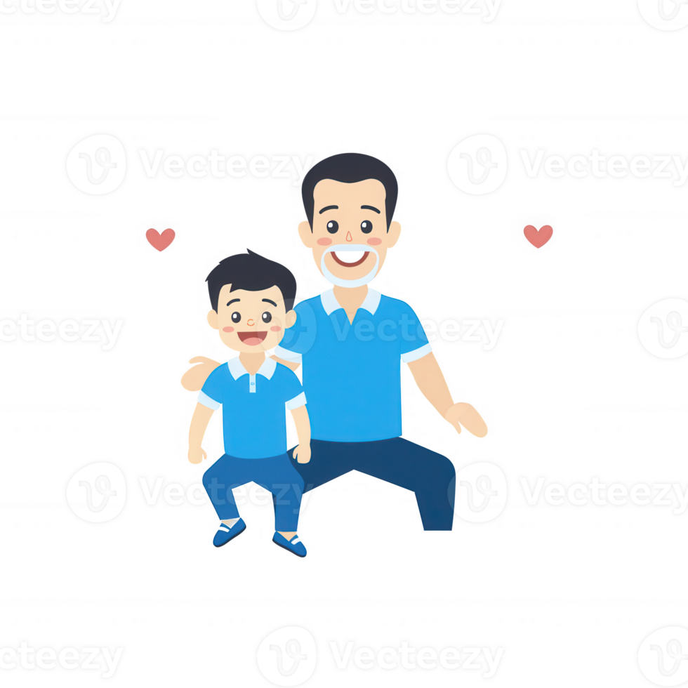 A cheerful father and son duo, both smiling and dressed in matching blue shirts, showcasing a loving bond, amidst cute heart illustrations. png
