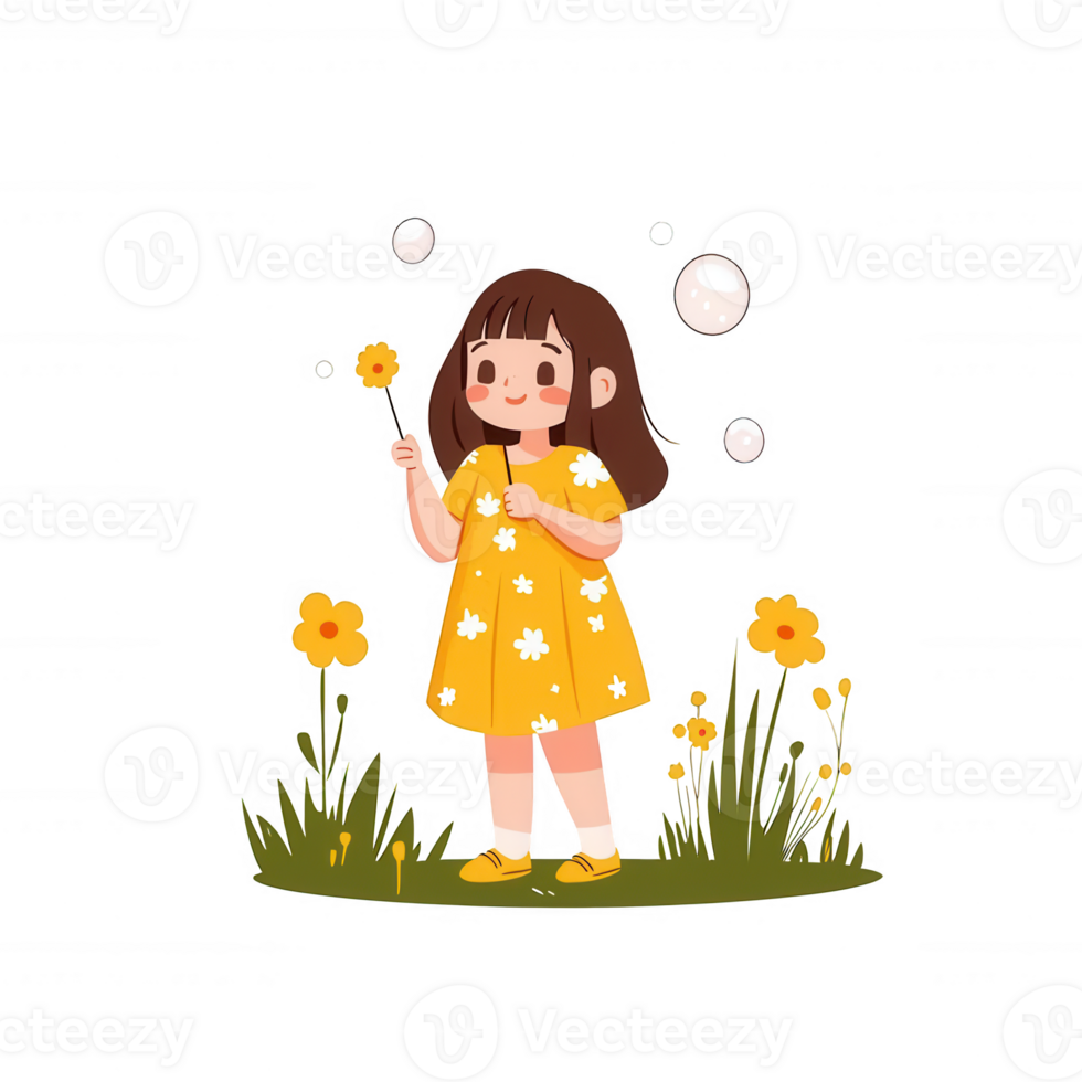 A cheerful girl in a bright yellow dress stands in a field of flowers, holding a flower and blowing bubbles, embodying joy and innocence in a beautiful nature setting. png